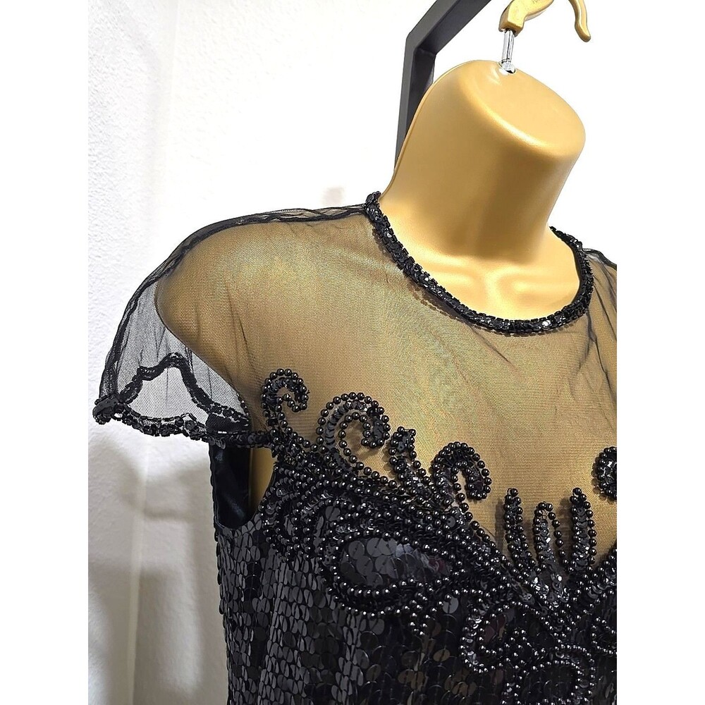 Vintage Nite Line 80s Black Dress 6 Cap Sleeve Sheer Sequin Elegant Illusion